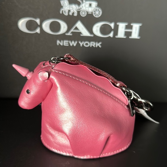 Coach Unicorn Metallic Pink keychain Bag Charm Coin Purse Stud Zipper NWT Leash - Picture 5 of 9